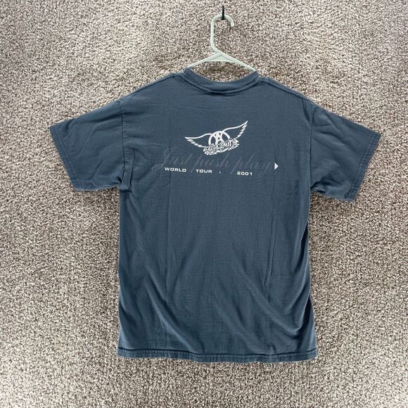 Vintage Aerosmith Shirt Mens Medium Blue Just Push Play Tour 2001 Y2K Cotton - Picture 9 of 13